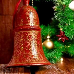 Vtg. Hand Painted Red Filigree Bell Ornament Lacquer Christmas Holiday Ornament